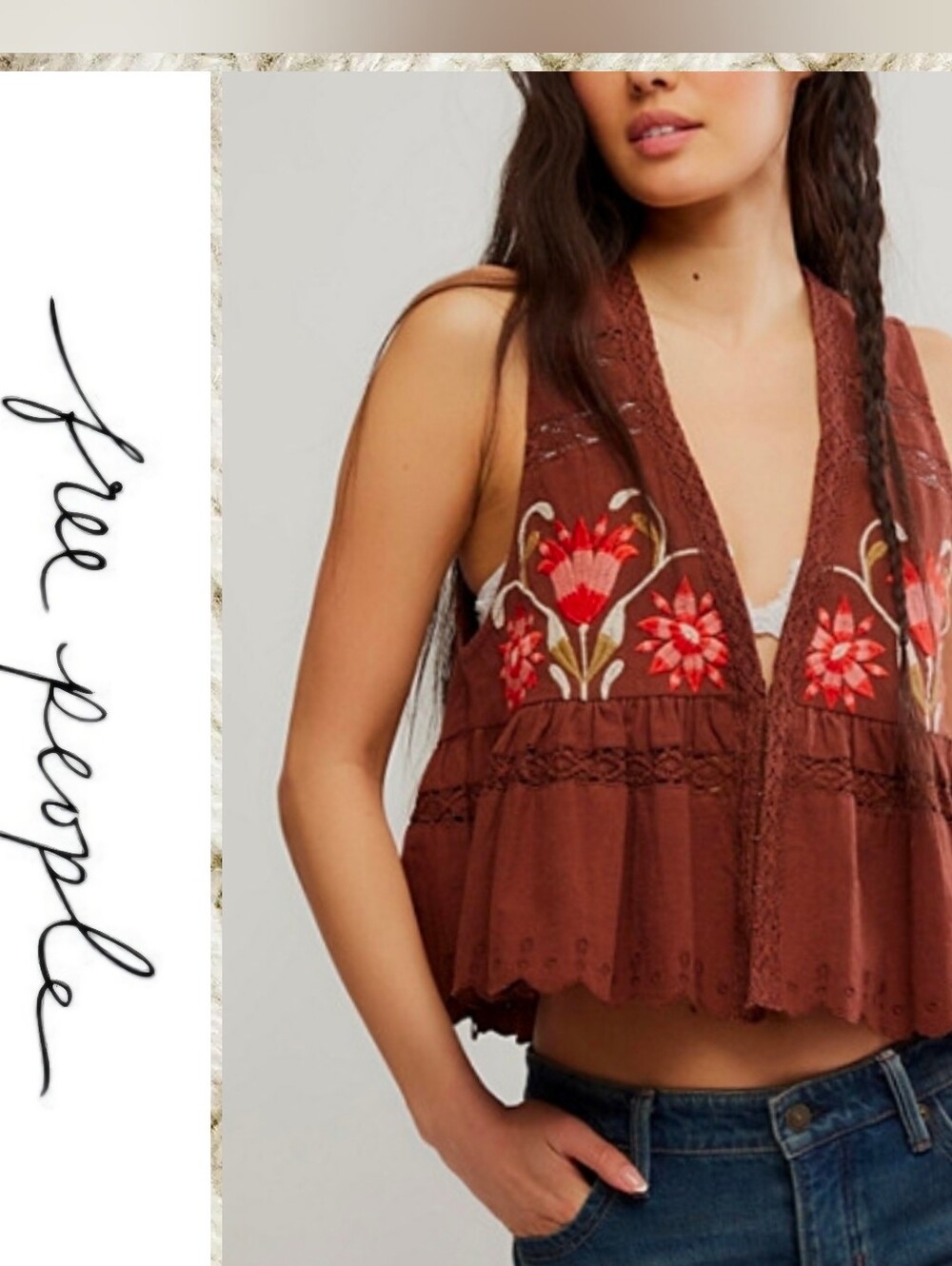 NWT Free People Bali Vine Whisper Tank Embroidered Top XL in Umber Earth
